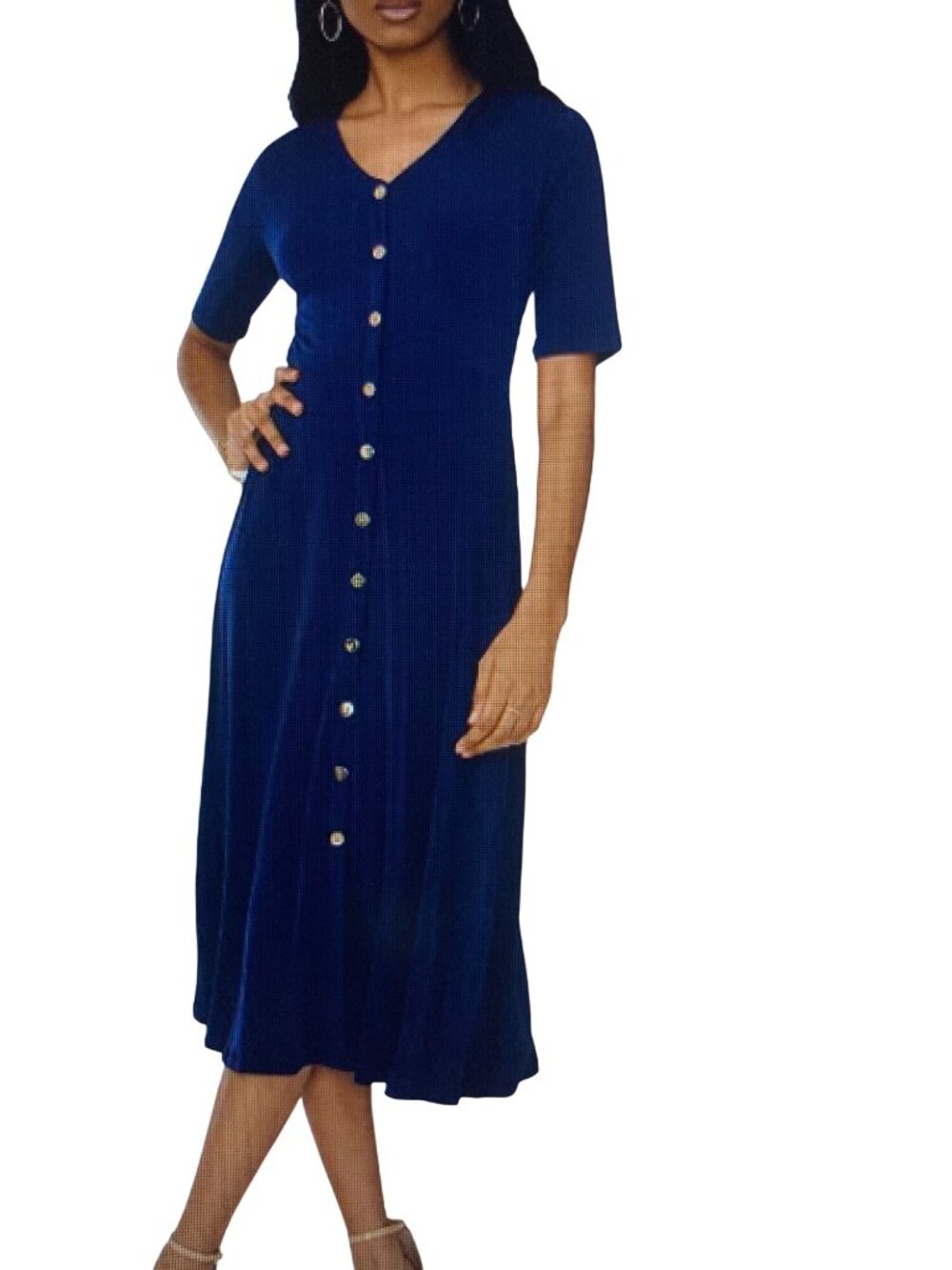 MSK Women's Short-Sleeve Button-Front Midi Dress Navy Sz Medium  NWT